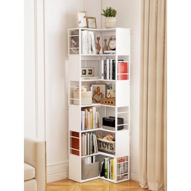 Imagem de Qriocioa Estante de canto de 73,6 cm de altura, estante de canto industrial de madeira e metal em forma de L, grande prateleira de exibição para sala de estar, escritório em casa, branca