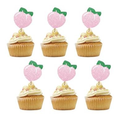 Imagem de Conjunto de 24 topos de cupcake de pêssego doce para chá de bebê de frutas, enfeites de cupcake de aniversário de pêssego com glitter rosa, decorações de bolo Sweet One para artigos de festa temáticos