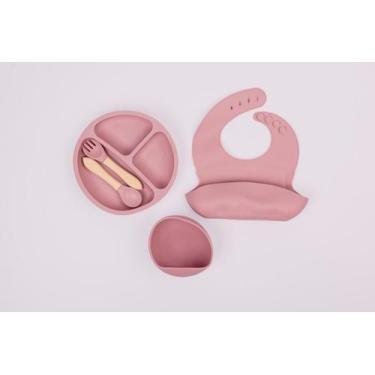 Imagem de Kit Alimentação Silicone Bebe Prato Tigela Babador Talheres Rosa - Kid