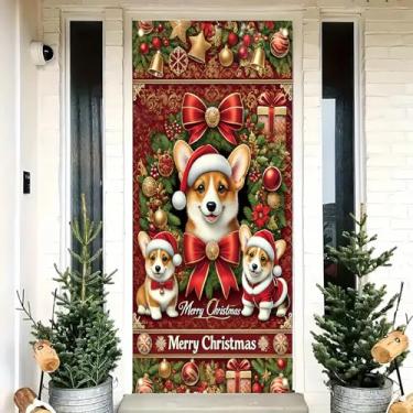 Imagem de Saoplasa Decoração de porta de Natal Corgi 188 x 89 cm, faixa vermelha festiva com design fofo de cachorro Papai Noel e guirlanda de Natal para decoração de parede de feliz Natal, placa de fundo de
