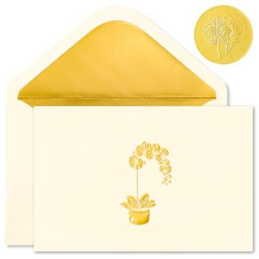 Imagem de Crisky Pacote com 50 cartões e envelopes em branco 10 x 15 cm, cartões de felicitações em branco de orquídea dourada para casamento, chá de panela, chá de bebê, lembrancinhas de decoração de festa de