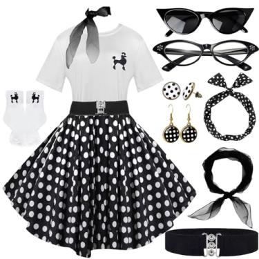 Imagem de 10 peças de roupas femininas, saias poodle dos anos 1950, camiseta poodle com acessórios dos anos 50, meias, cachecol, faixa de cabeça, brinco de cinto, Pontos pretos e brancos, Large