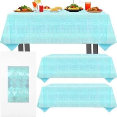 Imagem de Toalha de mesa descartável de plástico e papel com 3 camadas para mesas retangulares, toalha de mesa brilhante a laser com suporte de papel, capa de mesa à prova d'água para festa (azul claro | pacote
