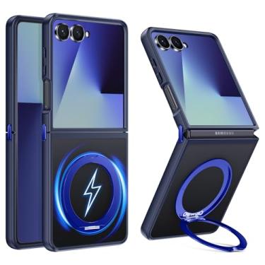 Imagem de YSLBWLE Capa magnética para Samsung Galaxy Z Flip 7 com suporte de anel [proteção militar contra quedas] à prova de choque, fina, transparente, suporte invisível, traseira azul 31-zflip7-03