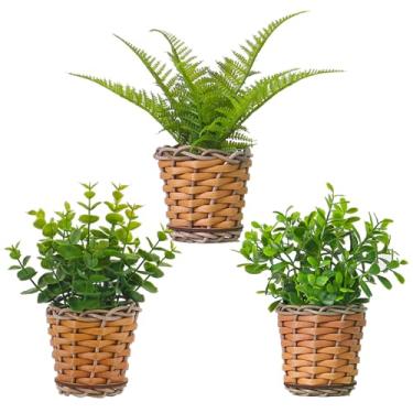 Imagem de Season 2 Season Pequenas plantas falsas, pacote com 3 mini samambaias artificiais em vasos, eucalipto, planta Aglaia Odorata em vasos de vime, para fazenda, decoração de casa, escritório, banheiro