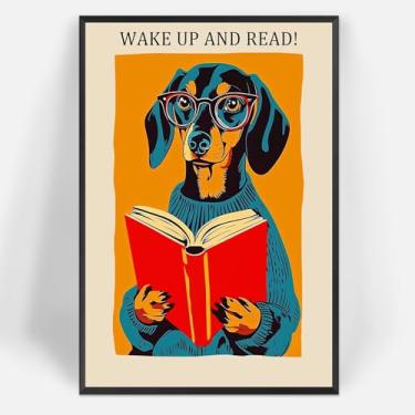 Imagem de Livro de leitura de cachorro moderno arte de parede engraçado cachorro acordar e ler pôsteres coloridos animal aprendizagem impressão estética pintura para sala de estar quarto decoração de parede