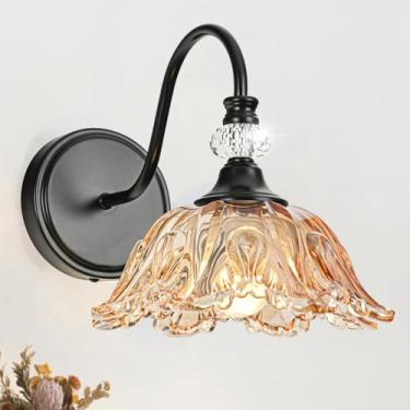 Imagem de sunkryster Arandelas de parede pretas com persianas de vidro âmbar floral, iluminação de montagem de parede de fazenda preta para banheiro, luminárias vintage para banheiro