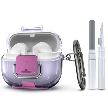 Imagem de Wacanc Capa protetora para Samsung Galaxy Buds 3/3 Pro com clipe de bloqueio seguro, design de suporte de telefone, proteção total, à prova de choque, capa de TPU com mosquetão e kit de limpeza (roxo