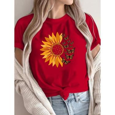 Imagem de Camiseta Feminina T-shirt Floral Girassol Borboleta 100% Algodão Premi