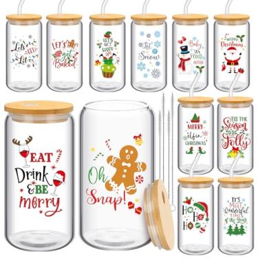 Imagem de Skylety 12 peças de copos de Natal com tampas e canudos de bambu, copos engraçados de Natal de 473 ml, copos de café gelados, presentes de Natal em forma de lata, copos de vidro para mulheres e homens
