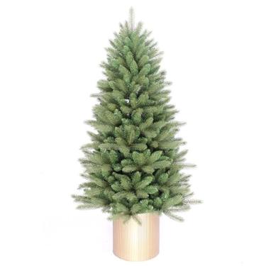 Imagem de Árvore de Natal Pinheiro Verde Luxo, 60 cm, Base Dourada de Metal, 130 Galhos em PVC Cheios, Decoração de Mesa para Escritório e Sala