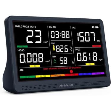 Imagem de AQItech Monitor profissional de qualidade do ar interno com 7 alarmes de bipe AQI, detector portátil 16 em 1 em tempo real para PM2.5 | PM10 | CO2 | TVOC | HCHO | Temp | Zumbido para carros domésticos