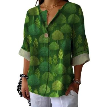Imagem de Camisa domirica Business Casual de linho, manga 3/4, feminina, verde, 