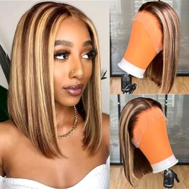 Imagem de Peruca RunM Bob Cabelo Humano 30,5 cm 13x4 HD Peruca Frontal Lace 150% Densidade P4/27 Destaque Loiro Liso Curto Bob Peruca Bob Sem Cola Perucas Frontais Perucas de Cabelo Humano (30,5 cm)