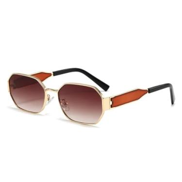 Imagem de Óculos de sol vintage da moda, feminino, masculino, retrô, retangular de metal, armação pequena, óculos de sol femininos (chá)