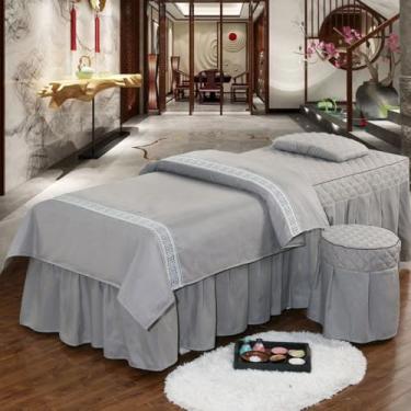 Imagem de JONKMY Conjuntos de lençóis de mesa de massagem para cama de beleza 4 peças colchas de salão de spa simples macias de cor sólida para salão de beleza saia de cama com furo massagem shampoo conjunto de