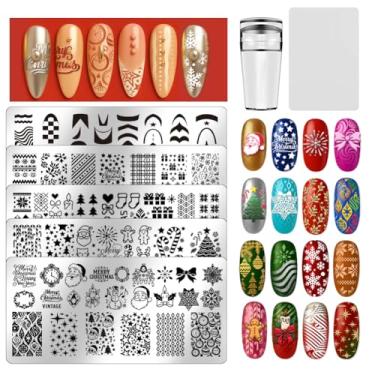 Imagem de UNICRAFTALE Conjunto de 5 peças de moldes de placas de carimbo de unhas de Natal, texturas de Natal, modelos de carimbos, imagem, estênceis de unhas, placas de arte de unhas para mulheres, estampa