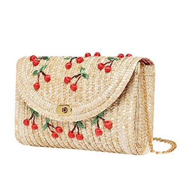 Imagem de QTMY Bolsa mensageiro de palha cereja de verão com aba para o dia, pacote de praia, bolsas transversais, marrom, 16 cm × 15 cm × 15 cm (C × L × A), Marrom, 6.7"×5.5"×6"(L×W×H)