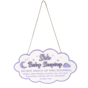Imagem de Placa Shhh Bebê Dormindo para Porta da Frente, 17x30cm Madeira Elegante 3D Roxo e Branco Placa de Proibido Bater com Corda de Cânhamo para Bebê Quarto e Quarto Infantil