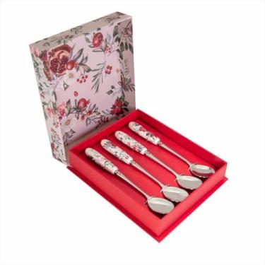 Imagem de Jogo De Colher Inox Estampa Floral Sobremesa Cabo Porcelana - Magizi