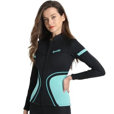 Imagem de GoldFin Roupa de mergulho feminina, roupa de mergulho feminina, neoprene de 2 mm, jaqueta de manga comprida, mantém quente para hidroginástica, natação, mergulho, surfe, preto-verde, 2GG