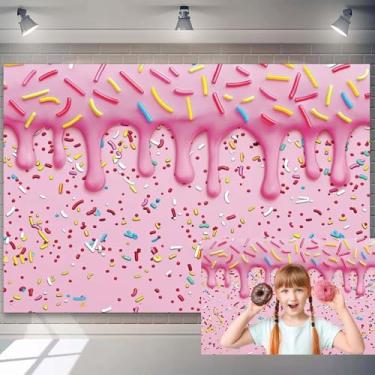 Imagem de Pano de fundo rosquinha rosa de 2,1 x 1,5 m para fotografia, fundo de fotografia de confetes coloridos, para decoração de festa de aniversário, suprimentos para decoração de festa de aniversário para