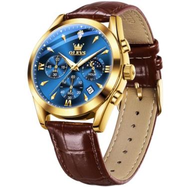 Imagem de OLEVS Relógios masculinos com pulseira de couro, relógio analógico de quartzo, moderno, mostrador grande, data, relógio à prova d'água, vestido luxuoso, luminoso, masculino, Marrom, azul, round