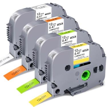 Imagem de RAEMALL Pacote com 4 Refis de Etiquetadora Brother P-Touch TZe 12mm 0,47 Polegadas Fita de Etiqueta Fluorescente Laminada, PT D210 H110 D600 1230PC 1280, 1,2cm x 26,2cm (1,2cm 2mm x 8m)