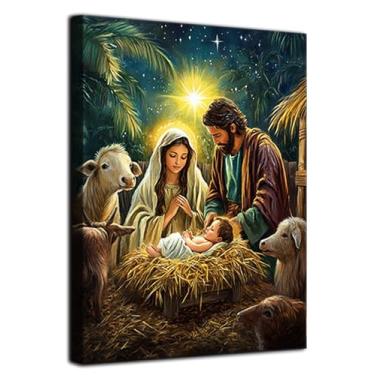 Imagem de fengyuyi Impressão em tela de arte de parede de Natal, imagem de presépio Jesus em uma manjedoura arte esticada e emoldurada pronta para pendurar para decoração de parede 30 x 40 cm