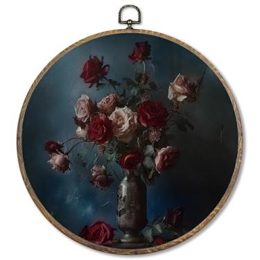 Imagem de FUGWN Dark Moody Rose Round Wall Art Decor Framed, Dark Academia Floral Canvas Artwork Prints, Retro Red Rose Flower Botanical Wall Hanging Decorações para Casa Sala de Estar Quarto, 25 x 25 cm