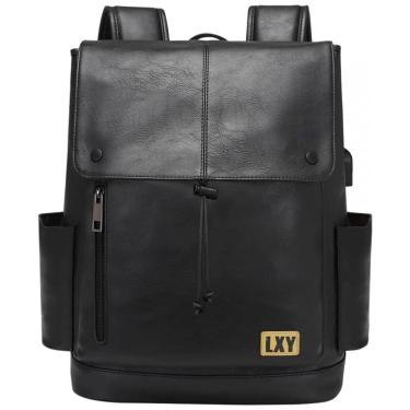 Imagem de Mochila Unissex de Couro Sintético para Laptop e Porta Carregamento USB, LXY, Preta