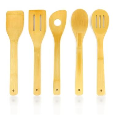 Imagem de JapanBargain 3670, conjunto de utensílios de cozinha de bambu espátula de cozinha colher de garfo para utensílios de cozinha antiaderentes conjunto de 5 peças