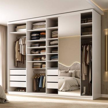 Imagem de Guarda-roupa Closet Casal 100% Mdf Bp 277,7cm com 1 Porta Espelho 6 Gavetas Sion Branco