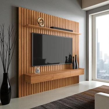 Imagem de Painel Ripado para TV até 75 Polegadas Home Antares Suspenso com Nicho 3 Gavetas e Prateleira
