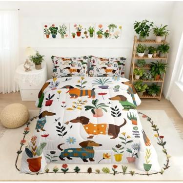 Imagem de Conjunto de edredom de desenho animado de Dachshund, tamanho casal, adorável cachorrinho, 3 peças, para meninos e meninas, edredom acolchoado com flores de jardim em aquarela para crianças, estilo