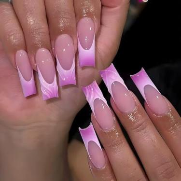 Imagem de Kit de unhas de pressão quadrado médio francês rosa roxo cola falsa conjunto de unhas com design de linhas de onda simples cobertura completa bastão falso artificial em unha de acrílico para mulheres
