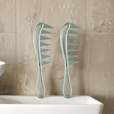 Imagem de Pente de dentes largos, 2 peças de pentes de dentes grandes, pentes de cabelo de tubarão, pentes de cabelo, penteados, ferramenta de penteado para cabelos cacheados molhados e ondulados