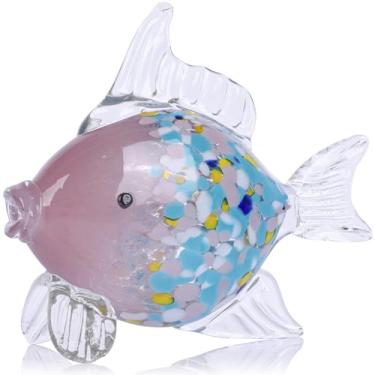 Imagem de LCCCK Estatuetas grandes de peixe de vidro soprado à mão, arte de vidro do mar de aquário, escultura de estátua de peixe com destaque costeiro moderno - para bugigangas de praia, mesas de café, centro