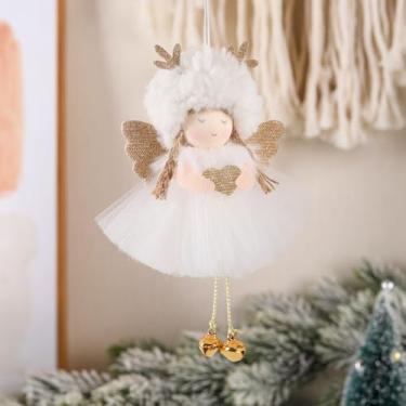 Imagem de 1 peça de boneca de anjo de pelúcia de Natal decoração de árvore de Natal com sino festivo presentes de decoração de Natal, 16 x 10 cm (branco)