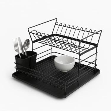 Imagem de Escorredor de Louças Premium, 2 Andares, Preto Fosco, Organizador de Cozinha com Bandeja Coletora, Estrutura Metálica