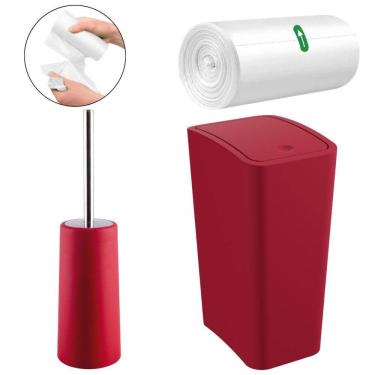 Imagem de Lixeira 8L Tampa Click Vermeha + Escova Sanitária + 70 Sacos