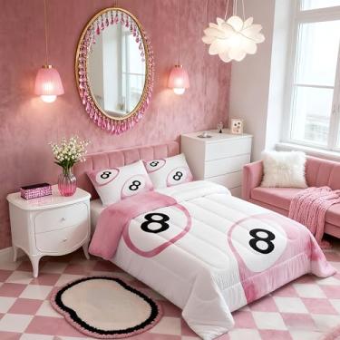 Imagem de Conjunto de edredom Lucky com 8 bolas, tamanho casal, aquarela, artístico, sonhador, infantil, tie dye, edredom moderno, rosa e branco, 2 fronhas