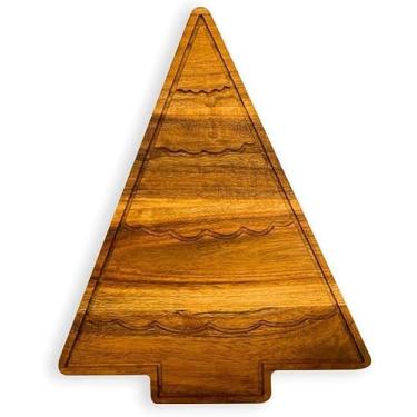 Imagem de FIRKIRI Tábua de corte de madeira de acácia em forma de árvore de Natal, travessa de charcutaria com ranhuras curvas, 34,3 L x 27,4 cm de madeira natural