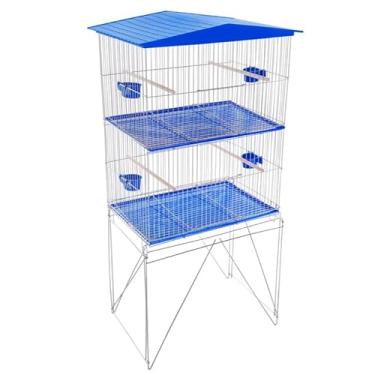 Imagem de Gaiola para Papagaio, Viveiro com Pés Arame Zincado Duplo com Divisória Repartição para Periquito Agapornis Aves Passarinho(Teto Plástico Azul)