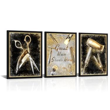 Imagem de Conipit Arte de parede de salão de cabeleireiro impressões de beleza preto e dourado conjunto de 3 imagens emolduradas em ouro preto 30,5 x 40,6 cm x 3 cm