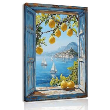 Imagem de BAOYILONG Arte de parede em tela de limoeiro rústica vista de janela litoral italiano com veleiros para decoração de sala de estar emoldurada (WE59-8, 12,00L x 18,00W, emoldurado)