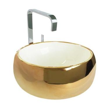 Imagem de Cuba para Banheiro Cerâmica Branca e Dourada Redonda 41cm Reno RC 7000