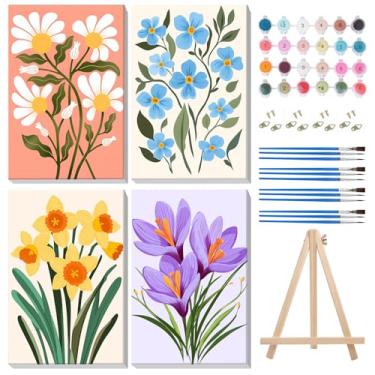 Imagem de MISCER Kit de pintura emoldurada por números para adultos iniciantes, kits de pintura de flores por números em tela com cavalete, pintura emoldurada por números para presente de iniciantes, decoração