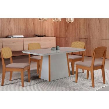 Imagem de Sala Jantar Mesa Tilia c/ Tampo Madeirado c/ Vidro Canto Curvo 120x80cm e 4 Cadeiras Havana Premium Naturale/Off White - Linho Capuccino - Rufato