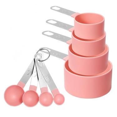 Imagem de Kit Medidores de Cozinha 8 peças - Colheres e Copos Medidores Culinários Aço Inoxidável - Kit Medidor para Confeitaria, Panificação e Receitas - Utensílios de Medida Profissional - Nalux (Rosa)
